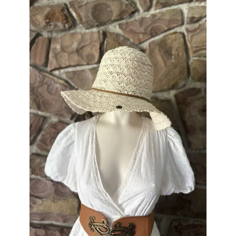Women’s Straw lace beachie boho Hat Floral Accent Lace Vintage USA M\L
